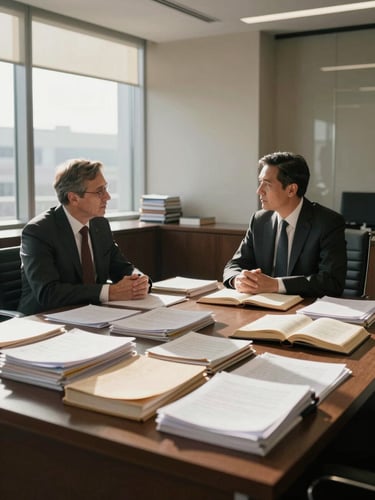 Wide-angle view of a modern law office interior, two lawyers in focused conversation across a large desk covered in organized case files and open law books, natural window light casting high-contrast shadows across the workspace, warm tones, serious atmosphere without coldness