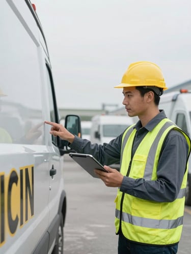 Eye-level industrial composition of a professional logistics specialist in high-visibility gear holding a digital tablet, inspecting a vehicle VIN plate, bright overcast daylight, desaturated cool tones