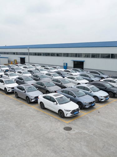 A wide-angle industrial shot of a clean vehicle holding lot with structured rows of modern passenger sedans under bright overcast daylight, desaturated cool tones.