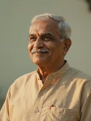 Dignified elderly Indian person smiling serenely, warm diffused golden hour light, peaceful and secure environment