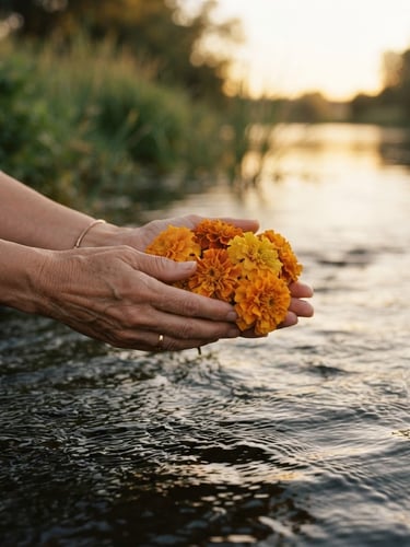 Dignified hands gently holding orange marigold flowers over quiet, flowing river water, soft golden hour sunlight, serene editorial photography
