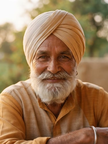A warm, respectful close-up portrait of an elderly Indian man smiling serenely with soft golden hour light, shallow depth of field, peaceful transition feel.
