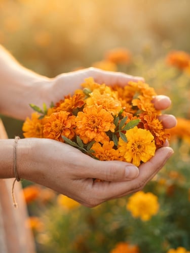 Serene close-up of hands gently holding marigold flowers, soft golden hour light, peaceful and sacred atmosphere