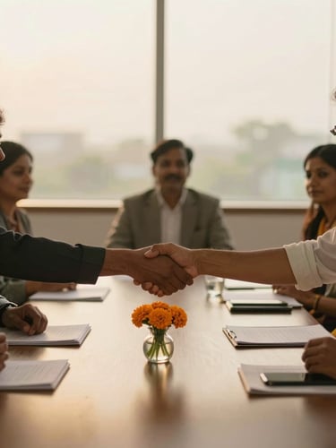 A professional meeting in a brightly lit, warm conference room in India, focusing on a hand-shake with a marigold flower vase on the table, soft golden hour light, highly respectful atmosphere