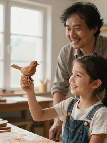 A young girl smiling as she holds up a small hand-carved wooden bird, standing next to her mentor in a bright, warm workshop
