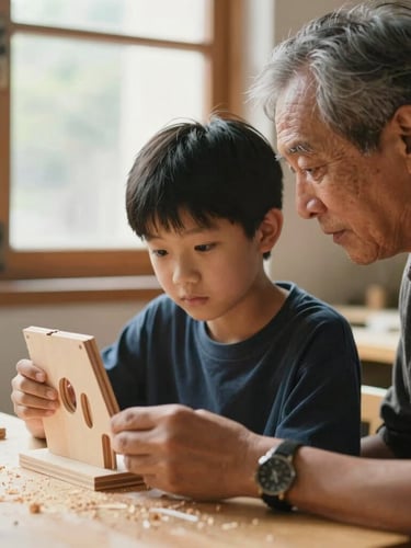 Candid medium-close shot of a young student and an older mentor looking at a wooden prototype together under warm natural window light, sawdust on table, shallow depth of field.
