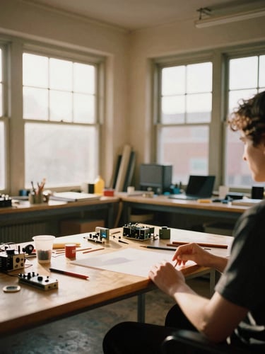 Candid over-the-shoulder shot of a bright, open studio room, large windows with golden-hour light streaming across wooden workbenches scattered with art supplies and electronics, 35mm.