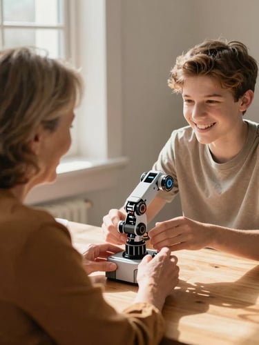 Candid over-the-shoulder shot of an older woman and a teenage boy laughing while adjusting a small robotic arm on a bright wooden table, natural sunlight.