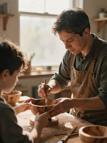 A candid medium-close shot of a mentor guiding a student's hands as they carve a wooden bowl, warm golden-hour light streaming through a workshop window, 35mm photography