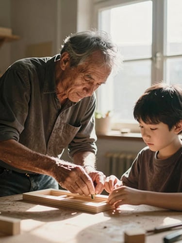 A warm editorial photo of a sunlit workshop, hands of an older mentor and a young student assembling a wooden structure together on a work table, natural window light, 35mm.