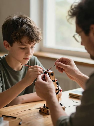 Over-the-shoulder view of a mentor guiding a teenager as they wire a small wooden robotic arm, warm window light, candid, 35mm