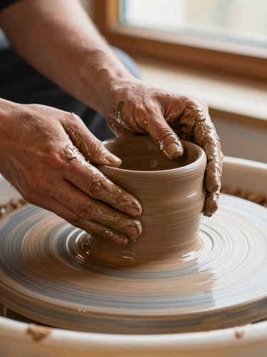 Candid close-up of hands covered in clay shaping a ceramic pot on a pottery wheel, warm natural window light, rich terracotta tones, shallow depth of field.