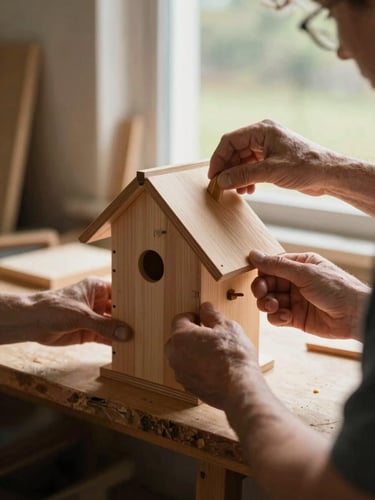 A close-up of hands of different generations working together, assembling a simple wooden birdhouse with natural sunlight streaming through a workshop window, warm editorial photography, 35mm