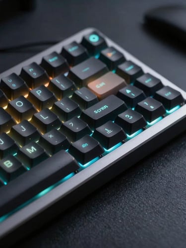Macro close-up of a high-end mechanical keyboard on a dark slate desk, illuminated by sharp cyan and amber terminal glow, sleek tech photography.