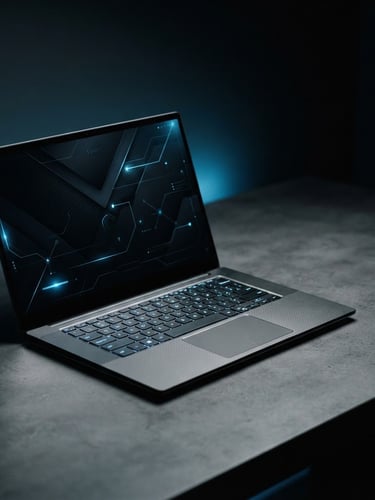 Minimalist technology photography, a sleek modern laptop displaying a dark high-end user interface, sharp studio lighting with subtle electric blue ambient glow, 35mm, off-center composition with generous negative space
