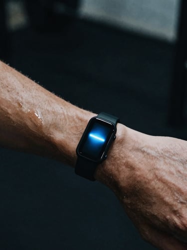 Moody close-up of a male athlete's wrist wearing a sleek black wearable tracker, cool blue light reflecting off wet skin, dark gym background, 35mm film