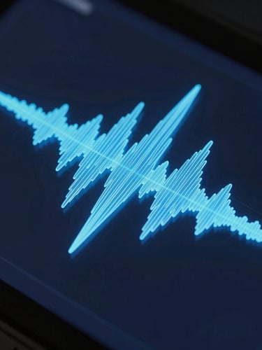 Macro close-up of a digital audio waveform on a premium dark screen, neon blue light trails, high-contrast shadows, technical render