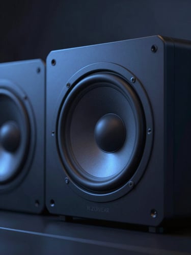 Macro close-up of premium audio gear in a low-light studio with subtle electric-blue ambient backlighting.