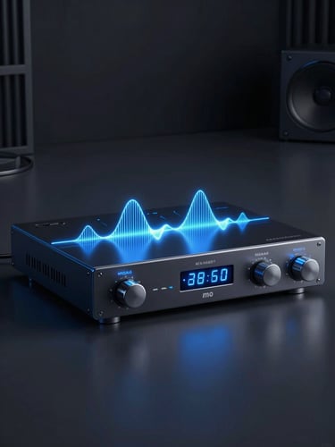Sleek digital audio interface showing glowing electric-blue waveforms, dark-room studio setting, high-contrast glassmorphism render.