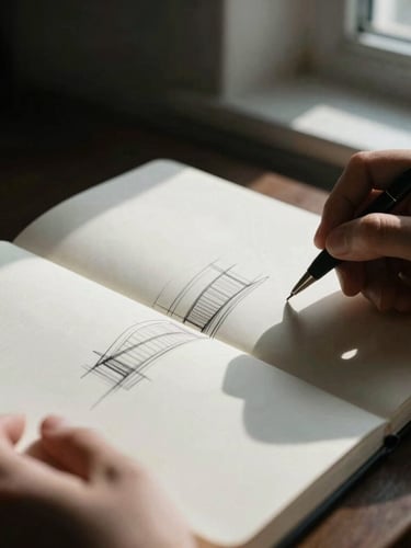 Close-up of a minimalist notebook with architectural sketches, hands holding a pen, dramatic natural window light, deep shadows, clean lines, muted tones, 35mm film grain, tight crop