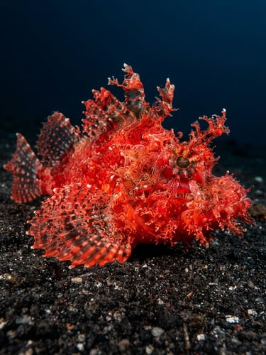 Ultra-detailed macro photo of a bright red Rhinopias on dark volcanic sand, sharp focus, high-contrast strobe lighting, deep blue ocean water background