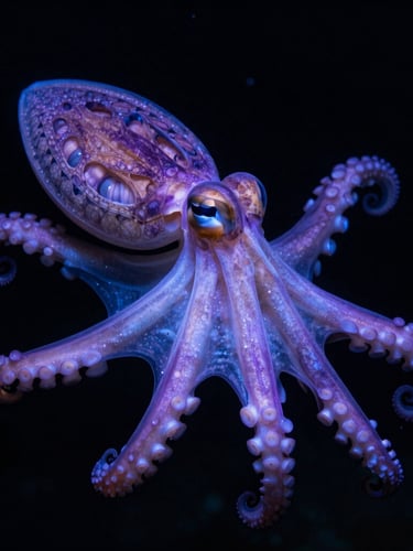 Sharp macro underwater photography of a glowing purple larval octopus, translucent body showing detailed internal organs, suspended in pitch-black water, high-contrast strobe lighting, 35mm
