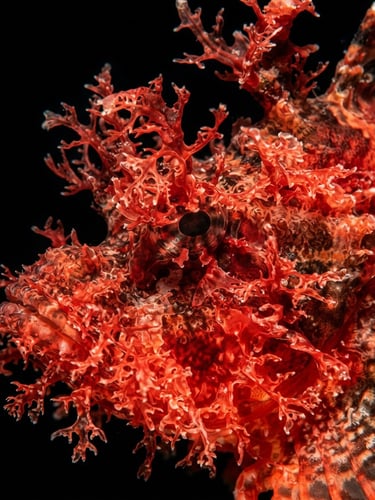 Extreme close-up macro shot of a bright red Rhinopias frondosa fish, razor-sharp focus on its weed-like tentacles, pitch-black deep sea background, high-contrast strobe lighting, 35mm