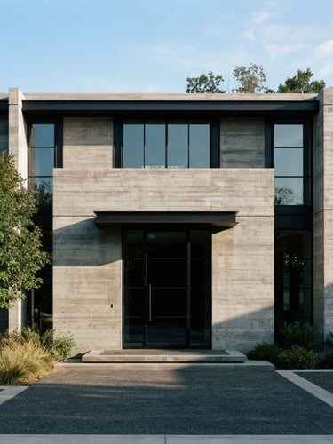 Straight-on architectural elevation of a modern custom home, cast concrete and black steel joints, crisp morning sun, sharp shadows, minimalist, 35mm