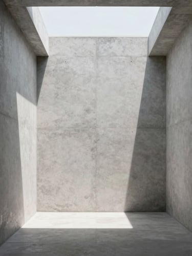 Minimalist interior with raw concrete walls, flooded with clean morning light from a skylight, sharp architectural shadows, 35mm