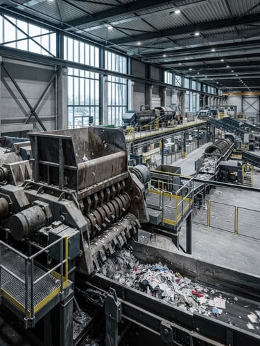 Wide-angle shot of a modern waste management facility, large industrial shredder in foreground, sleek, dark grey and metallic equipment, cool ambient daylight, high contrast, professional editorial style.
