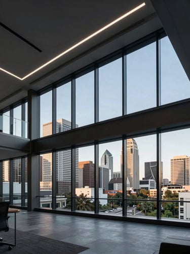 Sleek, modern office interior with high ceilings and large windows overlooking the Austin city skyline, cool ambient daylight, sharp architectural photography.