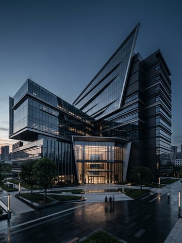 Wide-angle architectural perspective of a modern, sleek corporate facility at dawn, high contrast, cool ambient daylight with metallic accents, deep charcoal tones, professional editorial style.