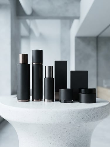 Wide shot of sleek, minimalist high-end consumer product packaging (e.g., matte black bottles, metallic accents) arranged on a clean white pedestal in a studio, cool ambient daylight, sharp focus, editorial style.