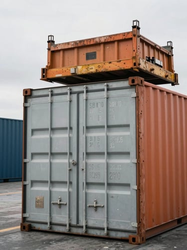 Crisp industrial photography of a shipping container being loaded at a dock, cool overcast daylight, desaturated steel and safety orange tones, 35mm.