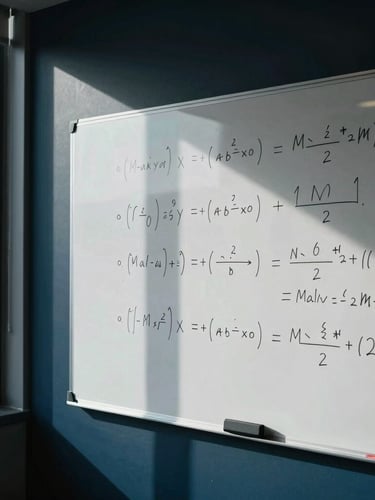 Moody editorial photography of a high-contrast Manchester office interior, sharp focus on a physical whiteboard covered in mathematical media-buying equations, directional window light, deep navy tones, 35mm.