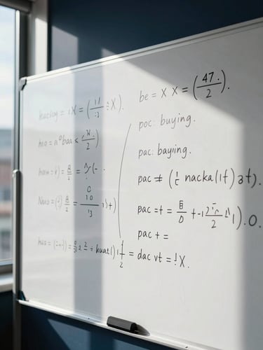 Moody editorial close-up of a physical whiteboard in a Manchester office, filled with handwritten mathematical equations and media buying formulas, directional window light, sharp focus