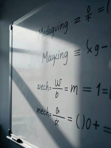Tight macro shot of a physical whiteboard with handwritten mathematical media buying equations, high-contrast directional window light, deep navy tones, sharp focus.