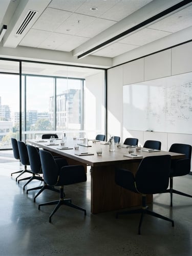 Wide-angle view of a modern, minimalist boardroom with sharp architectural lines, high-contrast daylight, and cool morning tones. A structured diagram is faintly visible on a whiteboard in the background.