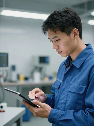 Crisp 35mm portrait shot of a professional technician in a clean uniform analyzing diagnostic data on a tablet, bright workshop lighting, cool metallic tones