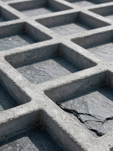 A high-contrast macro photograph of architectural concrete grid lines under cool daylight, clean geometric shadows, slate textures, professional and structured.