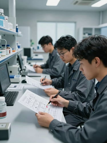 Candid, focused professionals analyzing technical schematics in a modern, slate-grey analytical laboratory, cool crisp daylight, sharp analytical environment.