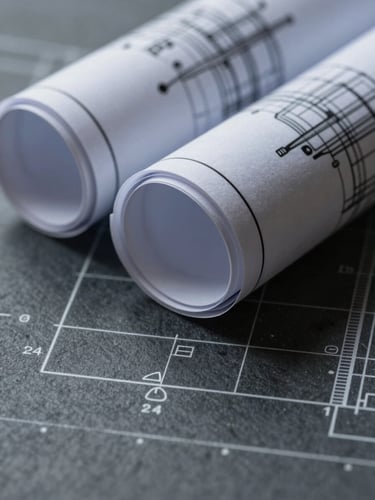 Macro close-up of high-contrast architectural blueprints, sharp technical lines, cool slate tones, precise drafting elements