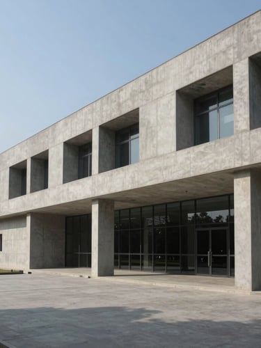 An architectural perspective of a modern research facility in New Delhi, crisp daylight, sharp geometric concrete lines, high contrast shadow.