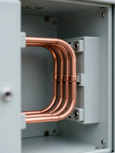 Macro shot of copper busbars and clean wiring inside a medium-voltage substation cabinet, high-key industrial studio lighting, sharp focus, 35mm