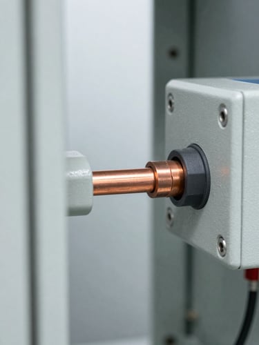 Macro shot of a copper busbar connection inside a switchgear cabinet, clean technical details, high-key industrial studio lighting, sharp focus