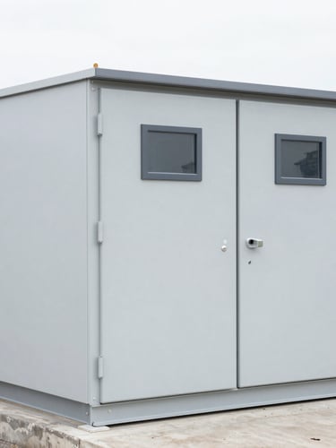Straight-on technical elevation of a clean, light gray modular substation enclosure in bright overcast daylight, sharp focus, 35mm