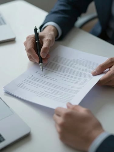 Close-up of hands reviewing printed financial documents on a pale desk, cool diffused north-facing office light, a pen resting beside the papers, calm and focused atmosphere