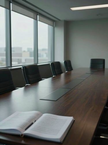Wide environmental shot of a quiet corporate boardroom interior, long dark-wood conference table occupying the right two-thirds of frame, empty leather chairs, tall windows casting cool north-facing daylight across the table surface, a stack of documents and an open notebook visible in the foreground, no people, muted tones