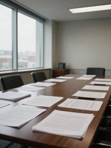 Wide environmental shot of a quiet boardroom, documents spread across a dark wood table, diffused natural light from tall office windows to the left, no people visible, restrained and serious atmosphere
