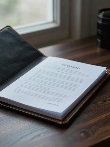 Detail shot of an open leather-bound folder with formal documents inside, resting on a dark wood surface, cool diffused daylight from a side window, quiet and deliberate atmosphere